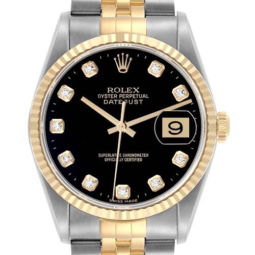 The Rolex Datejust 16233 Men's Steel and Gold (two tone) Black Dial 16233 Men's Steel and Gold (two tone) Black Dial watch is shown from the front, highlighting the dial, bezel, hands, and bracelet.