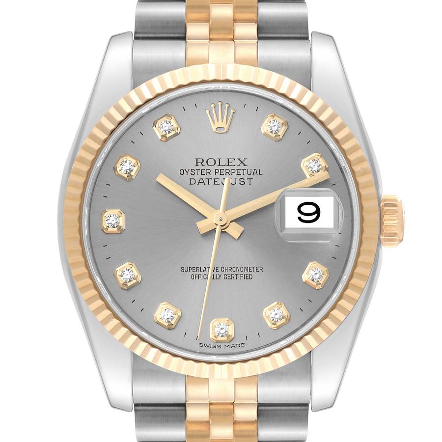 This image shows the front view of a Rolex Datejust 116233 Men's Steel and Gold (two tone) Silver Dial 116233 Men's Steel and Gold (two tone) Silver Dial watch, highlighting the dial, hands, diamond hour markers, date window, and part of the bracelet.
