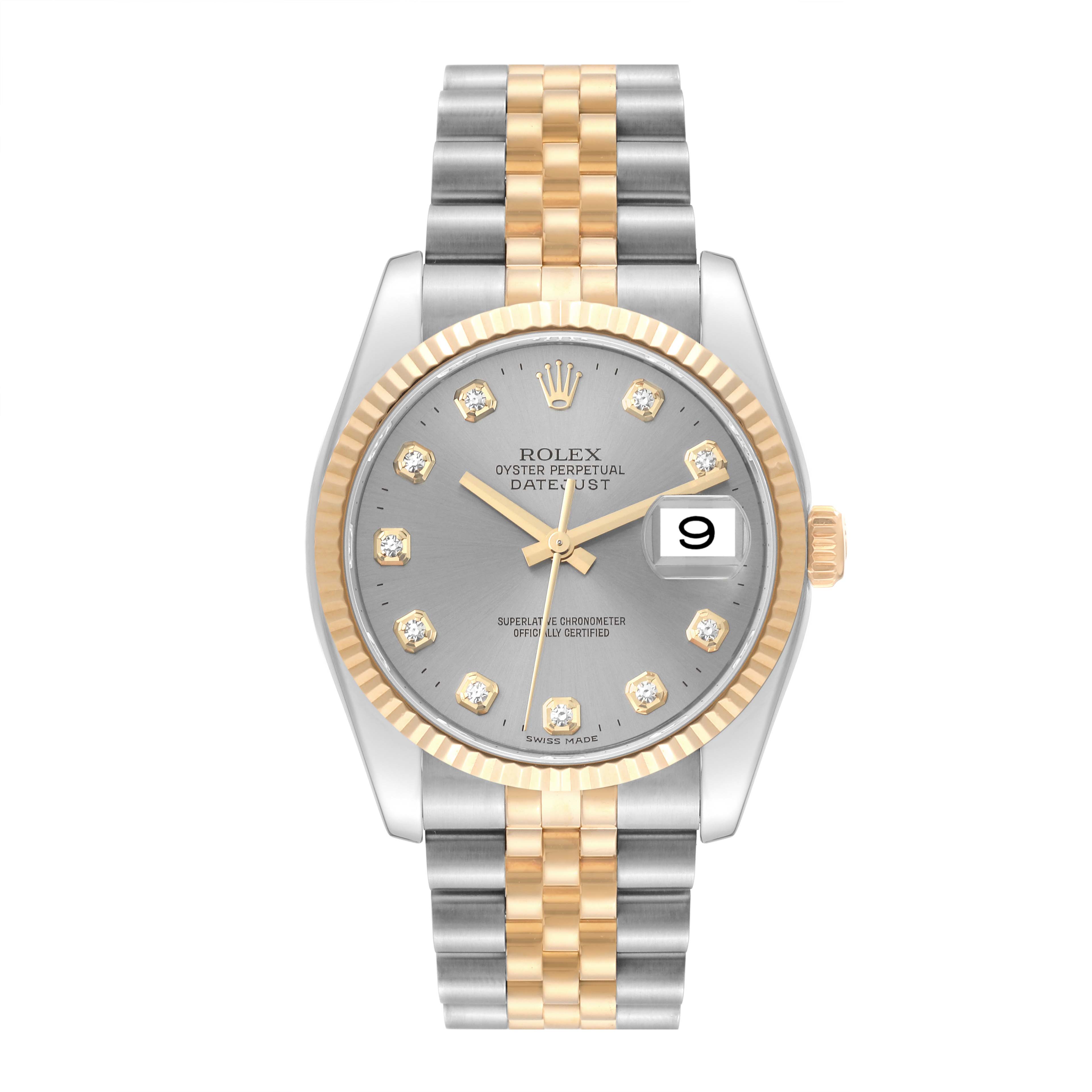 The image shows a frontal view of a Rolex Datejust 116233 Men's Steel and Gold (two tone) Silver Dial 116233 Men's Steel and Gold (two tone) Silver Dial watch, highlighting its two-tone bracelet, fluted gold bezel, and date window.
