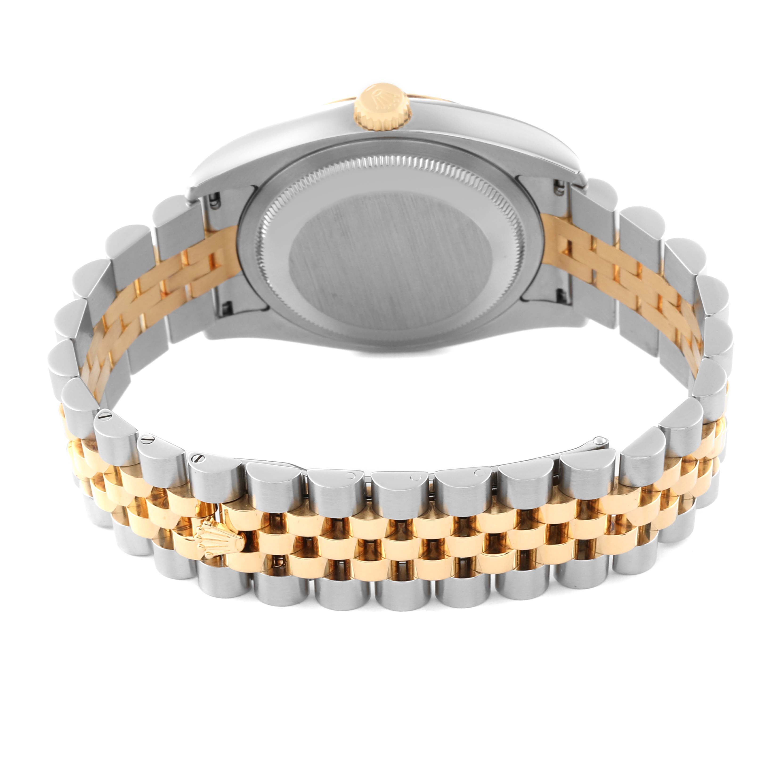 The image shows the back view of a Rolex Datejust 116233 Men's Steel and Gold (two tone) Silver Dial 116233 Men's Steel and Gold (two tone) Silver Dial watch, highlighting the two-tone bracelet and case back.