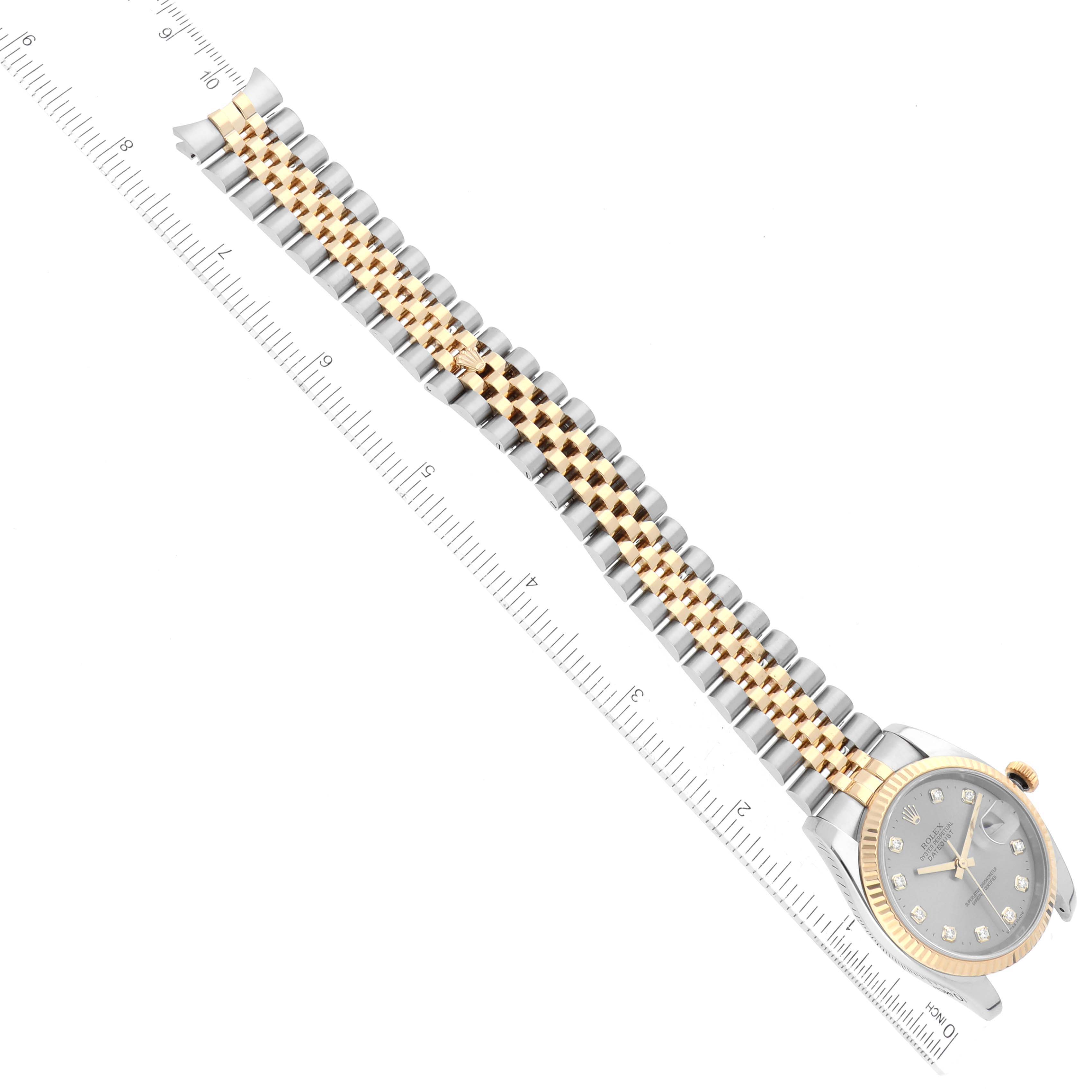 This image shows a Rolex Datejust 116233 Men's Steel and Gold (two tone) Silver Dial 116233 Men's Steel and Gold (two tone) Silver Dial watch at an angled view, highlighting its face, bezel, and bracelet.