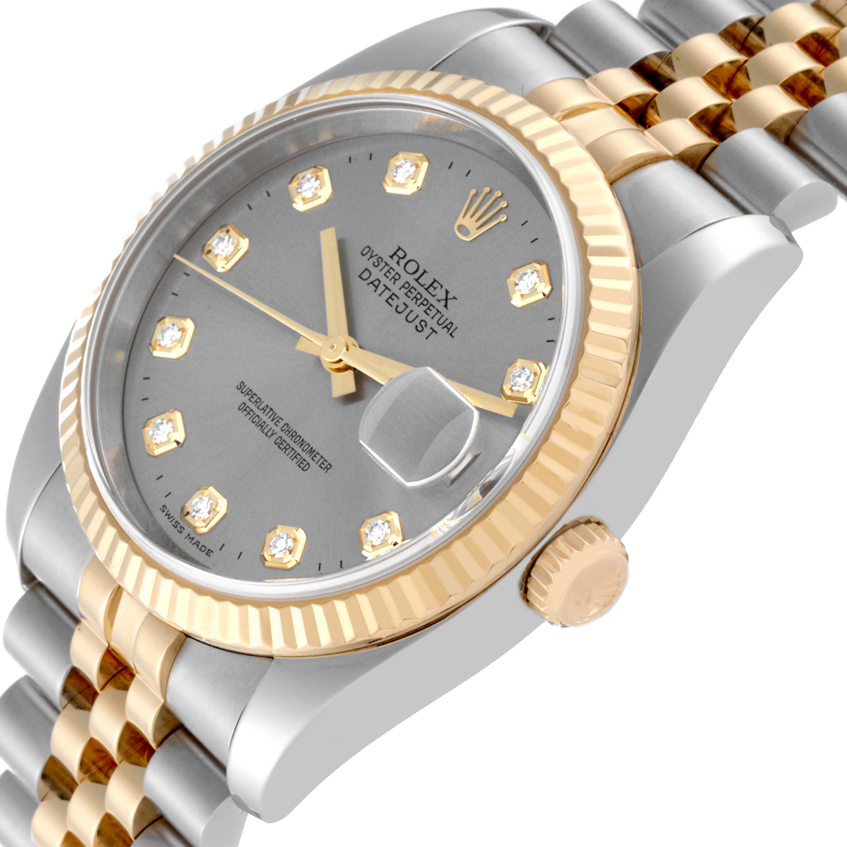 This image shows a Rolex Datejust 116233 Men's Steel and Gold (two tone) Silver Dial 116233 Men's Steel and Gold (two tone) Silver Dial watch at an angle highlighting the face, bezel, crown, and part of the two-tone bracelet.