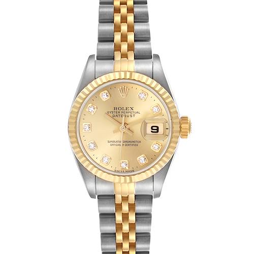 The Rolex Datejust 79173 Women's Steel and Gold (two tone) Champagne Dial 79173 Women's Steel and Gold (two tone) Champagne Dial watch is shown from a top-down angle, displaying its two-tone bracelet, fluted bezel, and diamond hour markers.