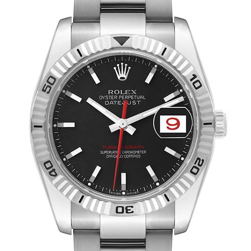 The image shows a front view of a Rolex Turn-o-Graph 116264 Men's Stainless Steel Black Dial 116264 Men's Stainless Steel Black Dial watch, featuring the dial, bezel, and part of the bracelet.