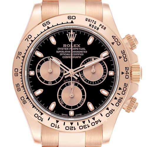 The Rolex Daytona 116505 Men's Rose Gold Black Dial 116505 Men's Rose Gold Black Dial watch is shown from a front view, highlighting the dial and bezel with side view of pushers and crown.