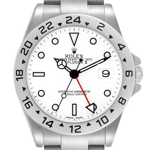 The Rolex Explorer 16570 Men's Stainless Steel White Dial 16570 Men's Stainless Steel White Dial watch is shown from a top-down angle, highlighting the dial, bezel, and part of the bracelet.