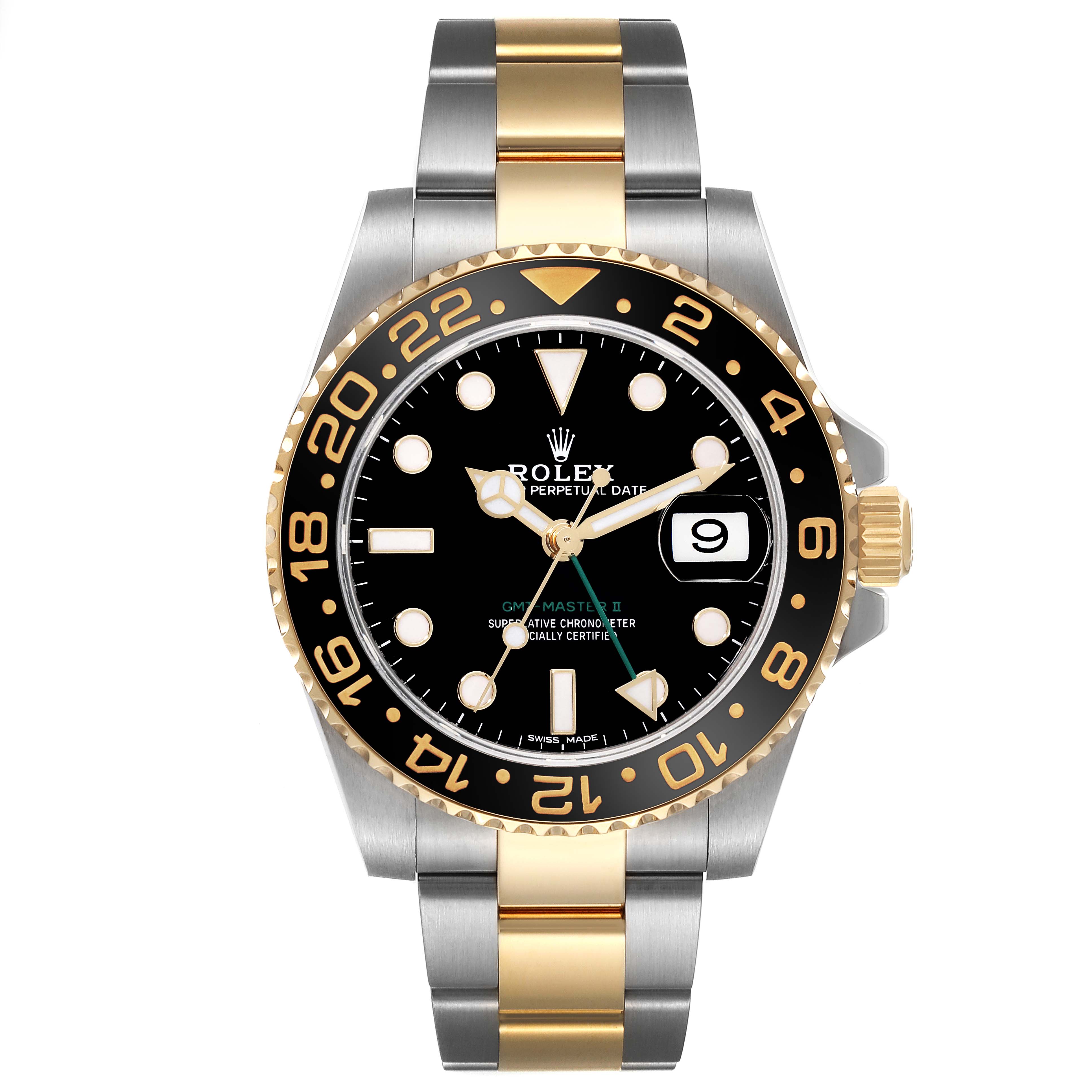 This image shows a front view of a Rolex GMT-Master 116713 Men's Steel and Gold (two tone) Black Dial 116713 Men's Steel and Gold (two tone) Black Dial II watch, highlighting the bezel, dial, hands, and bracelet.