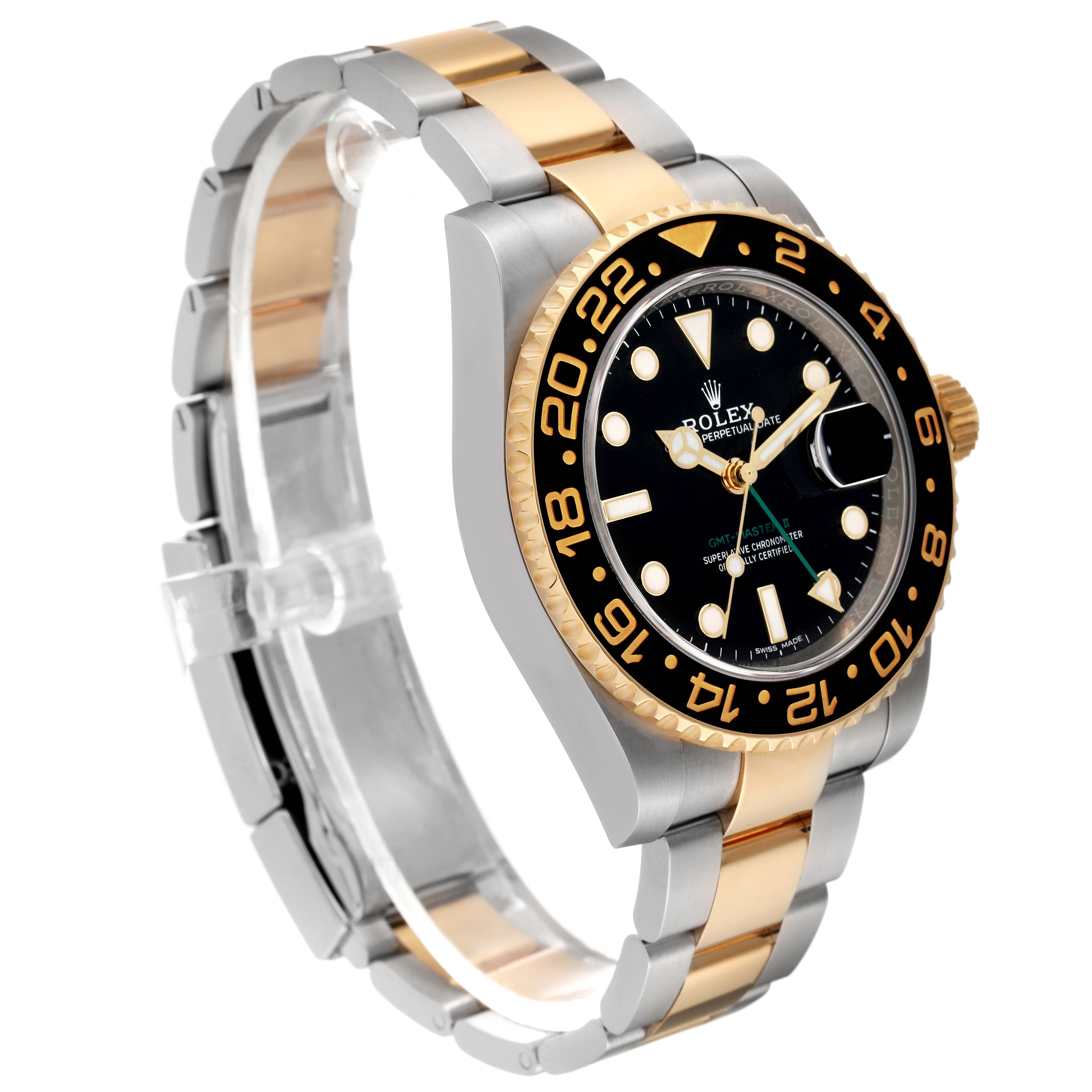 The Rolex GMT-Master 116713 Men's Steel and Gold (two tone) Black Dial 116713 Men's Steel and Gold (two tone) Black Dial watch is shown at a three-quarter angle, displaying its two-tone bracelet, black bezel, and dial.