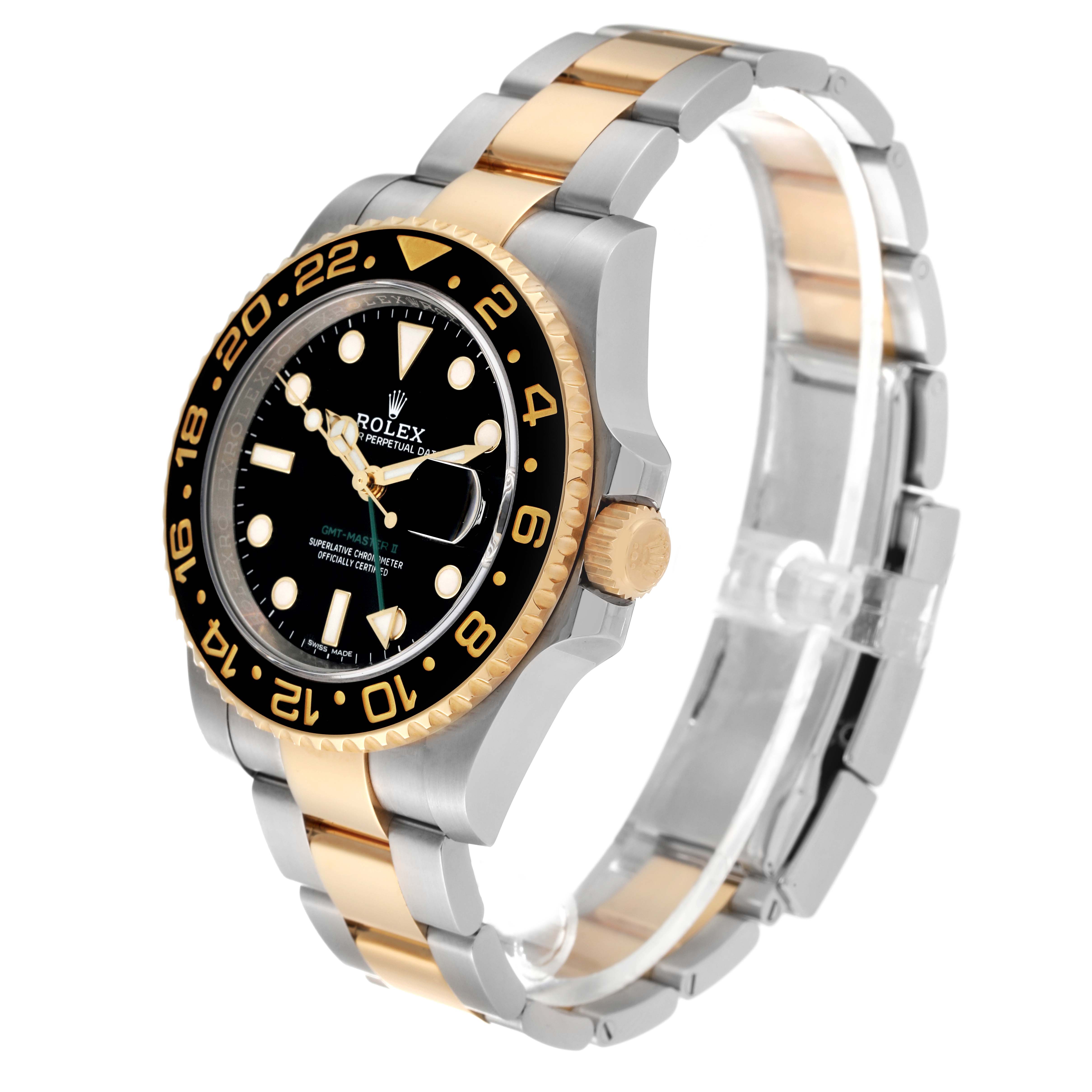 The image shows a Rolex GMT-Master 116713 Men's Steel and Gold (two tone) Black Dial 116713 Men's Steel and Gold (two tone) Black Dial watch at a side angle, highlighting its two-tone bracelet, bezel, and crown.
