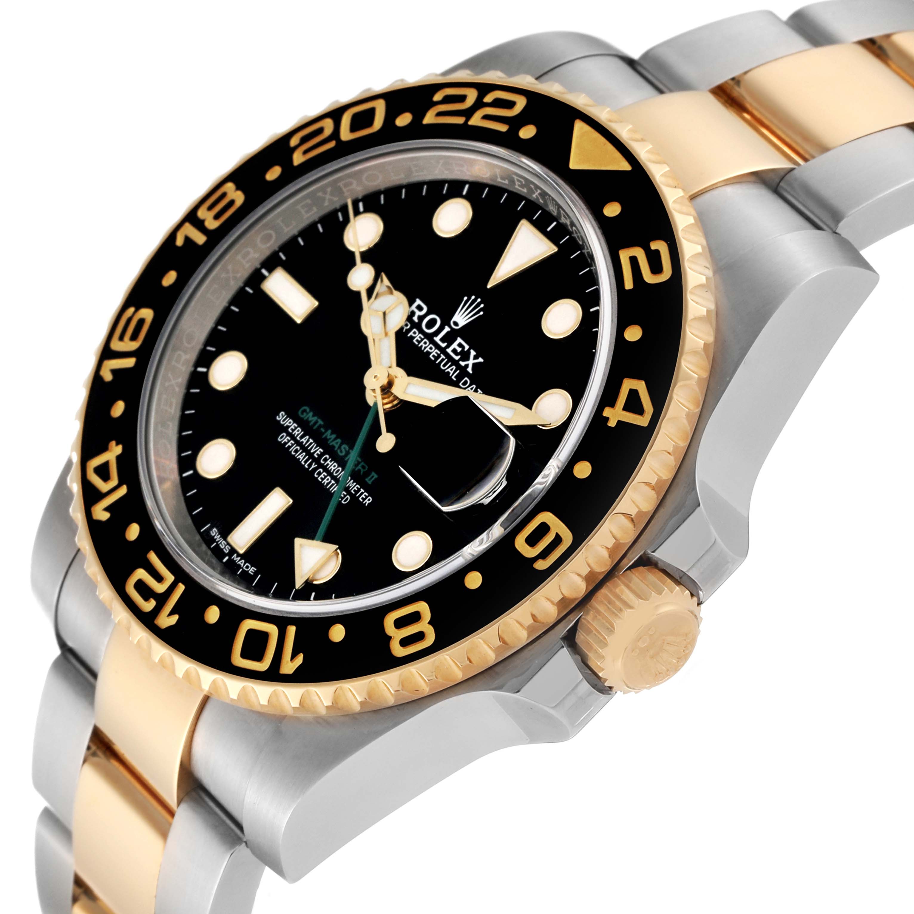 The image shows a Rolex GMT-Master 116713 Men's Steel and Gold (two tone) Black Dial 116713 Men's Steel and Gold (two tone) Black Dial watch at a side angle, highlighting its bezel, crown, dial, and part of the bracelet.