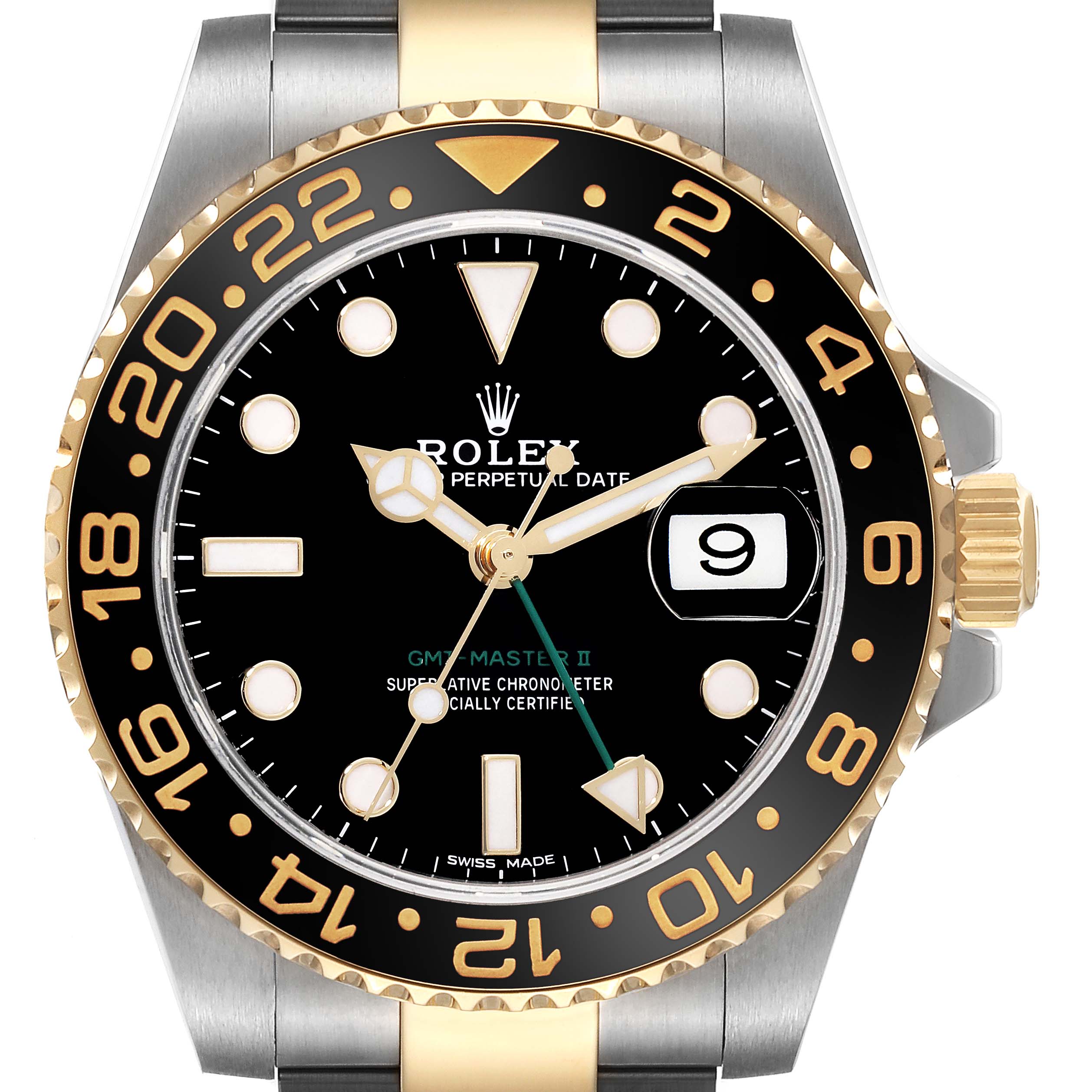 The image shows a frontal view of a Rolex GMT-Master 116713 Men's Steel and Gold (two tone) Black Dial 116713 Men's Steel and Gold (two tone) Black Dial II watch, highlighting the dial, bezel, crown, and part of the bracelet.