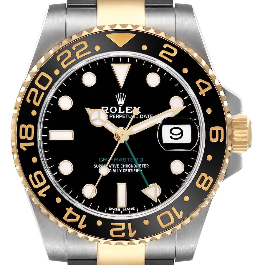 The image shows a frontal view of a Rolex GMT-Master 116713 Men's Steel and Gold (two tone) Black Dial 116713 Men's Steel and Gold (two tone) Black Dial II watch, highlighting the dial, bezel, crown, and part of the bracelet.