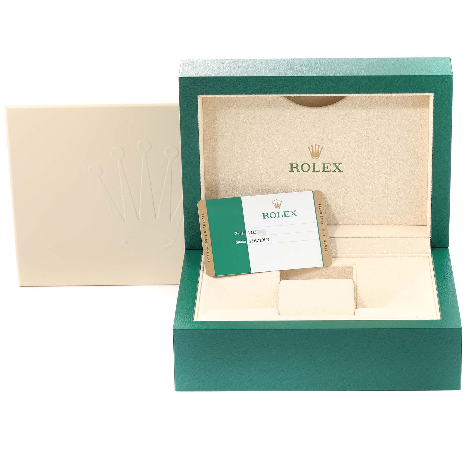 The image shows the packaging box and certificate card for a Rolex GMT-Master 116713 Men's Steel and Gold (two tone) Black Dial 116713 Men's Steel and Gold (two tone) Black Dial watch.