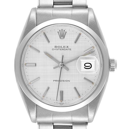 The Rolex Date 6694 Men's Stainless Steel Silver Dial 6694 Men's Stainless Steel Silver Dial watch is shown from a front angle, displaying its dial, hands, bracelet, crown, and date window.