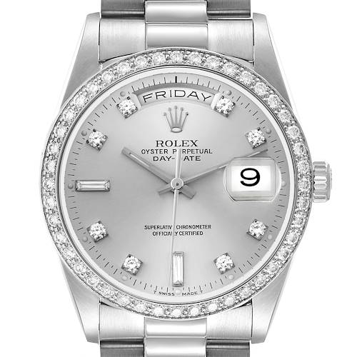 The Rolex President 18346 Men's Platinum Silver Dial 18346 Men's Platinum Silver Dial model watch is shown from a front angle, highlighting the face, bezel, crown, and part of the bracelet.