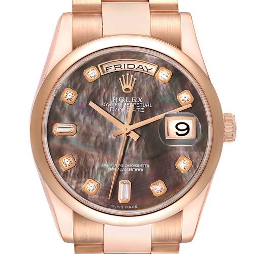 This is a front view of the Rolex President 118205 Men's Rose Gold Mother of Pearl Dial 118205 Men's Rose Gold Mother of Pearl Dial model watch, showcasing its face, hands, crown, and bracelet.