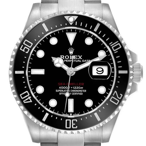 The Rolex Sea-Dweller 126600 Men's Stainless Steel Black Dial 126600 Men's Stainless Steel Black Dial watch is shown from a front angle, displaying the dial, bezel, and part of the bracelet.