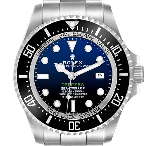 The Rolex Sea-Dweller 126660 Men's Stainless Steel Blue Dial 126660 Men's Stainless Steel Blue Dial watch is shown from a front angle, highlighting the dial, bezel, and part of the bracelet.