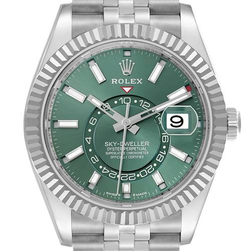 The Rolex Sky-Dweller 336934 Men's Stainless Steel Green Dial 336934 Men's Stainless Steel Green Dial is shown from a front angle, highlighting its green dial, fluted bezel, and bracelet.