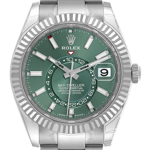 The Rolex Sky-Dweller 336934 Men's Stainless Steel Green Dial 336934 Men's Stainless Steel Green Dial watch is shown from a front angle, highlighting its green dial, bezel, and bracelet.
