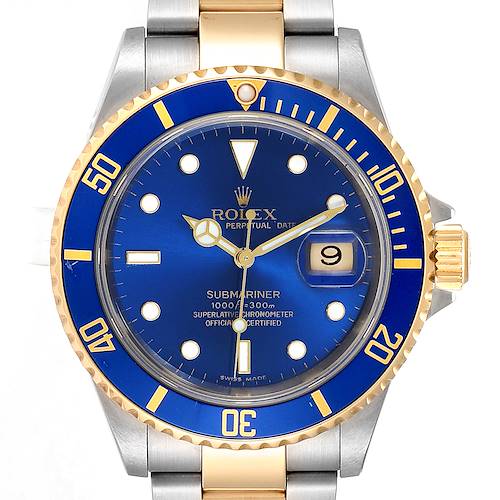 The image shows a frontal view of a Rolex Submariner 16613 Men's Steel and Gold (two tone) Blue Dial 16613 Men's Steel and Gold (two tone) Blue Dial watch, featuring a blue dial, date window, and a two-tone bracelet.