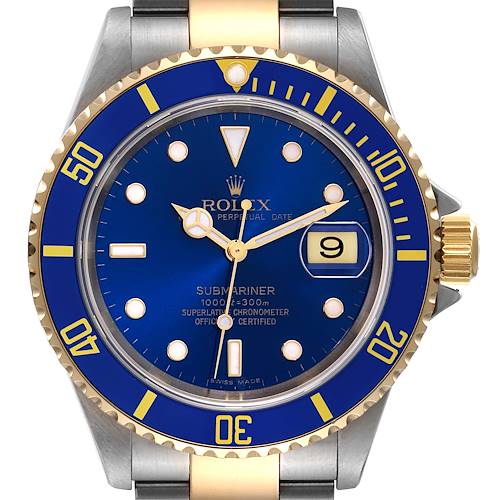 The image shows a front view of a Rolex Submariner 16613 Men's Steel and Gold (two tone) Blue Dial 16613 Men's Steel and Gold (two tone) Blue Dial watch, highlighting the blue dial, bezel, date window, and two-tone bracelet.