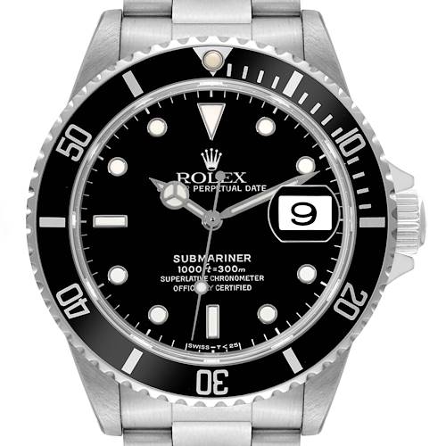 The image shows a front view of a Rolex Submariner 16610 Men's Stainless Steel Black Dial 16610 Men's Stainless Steel Black Dial watch, displaying the dial, bezel, and bracelet.