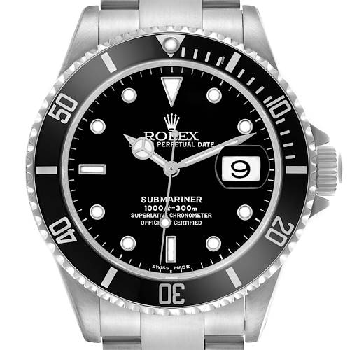 The Rolex Submariner 16610 Men's Stainless Steel Black Dial 16610 Men's Stainless Steel Black Dial watch is shown from a front angle, displaying the face, bezel, crown, and bracelet.