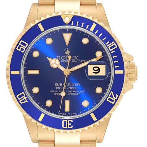 The image shows a front view of a Rolex Submariner 16618 Men's Yellow Gold Blue Dial 16618 Men's Yellow Gold Blue Dial watch, highlighting its blue dial and bezel, gold case, and bracelet.