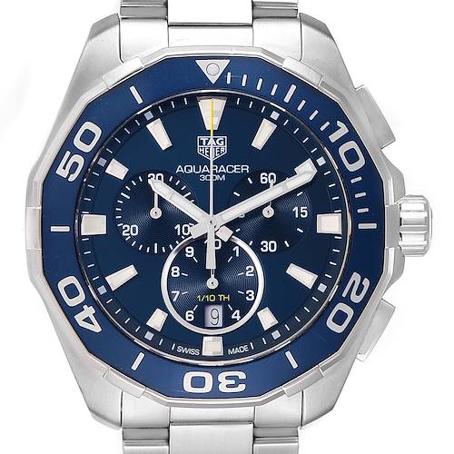 This image shows a front view of the Tag Heuer Aquaracer CAY111B.BA0927 Men's Stainless Steel Blue Dial CAY111B.BA0927 Men's Stainless Steel Blue Dial watch, highlighting the dial, bezel, and bracelet.