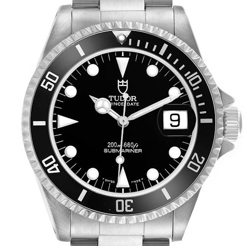 The Tudor Submariner 79190 Men's Stainless Steel Black Dial 79190 Men's Stainless Steel Black Dial watch is shown from a front angle, highlighting the dial, bezel, and stainless steel bracelet.
