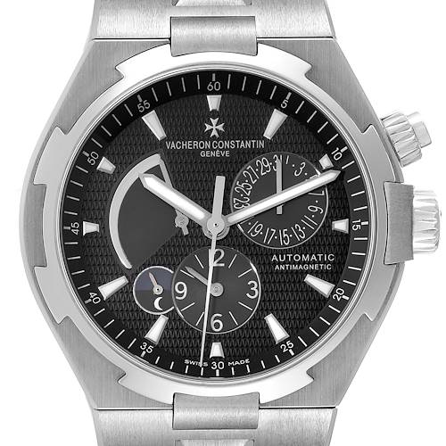 This image shows a front view of the Vacheron Constantin Overseas 47450/B01A-9227 Men's Stainless Steel Black Dial 47450/B01A-9227 Men's Stainless Steel Black Dial watch, highlighting its black dial and various sub-dials.