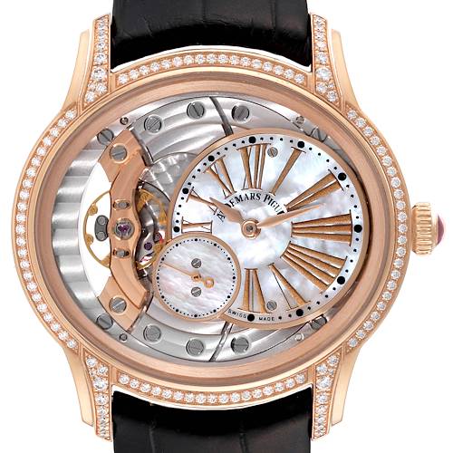 The image shows a close-up of the Audemars Piguet Millenary 77247OR Women's Rose Gold Mother of Pearl Dial 77247OR Women's Rose Gold Mother of Pearl Dial model, highlighting the intricate dial and case adorned with diamonds.