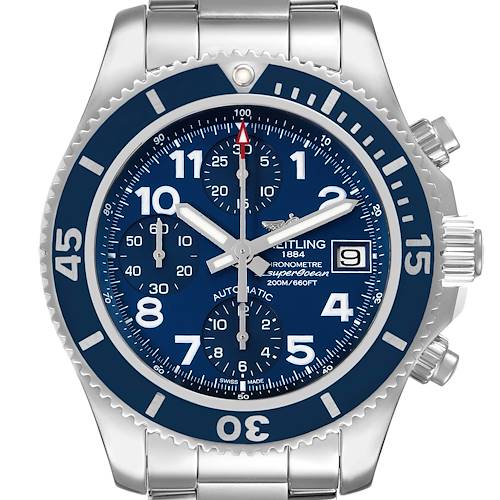 The image shows a Breitling Superocean A13311 Men's Stainless Steel Blue Dial A13311 Men's Stainless Steel Blue Dial watch from a front angle, highlighting its blue dial, rotating bezel, and chronograph subdials.
