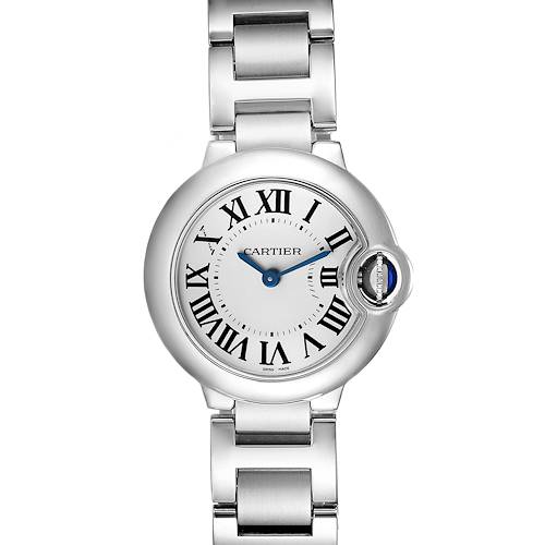 The image shows a front view of the Cartier Ballon Bleu W69010Z4 Women's Stainless Steel Silver Dial W69010Z4 Women's Stainless Steel Silver Dial watch, highlighting its face, hands, and part of the metal bracelet.