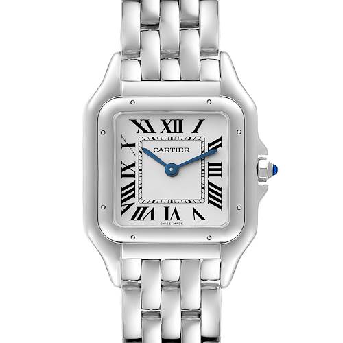 The image shows the Cartier Panthere WSPN0007 Women's Stainless Steel Silver Dial WSPN0007 Women's Stainless Steel Silver Dial watch from a front angle, highlighting the face, bezel, and part of the bracelet.