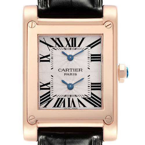 The Cartier Tank A Vis W1537651 Men's Rose Gold Silver Dial W1537651 Men's Rose Gold Silver Dial watch is shown from a front angle, highlighting its rectangular face, Roman numerals, and blue hands.