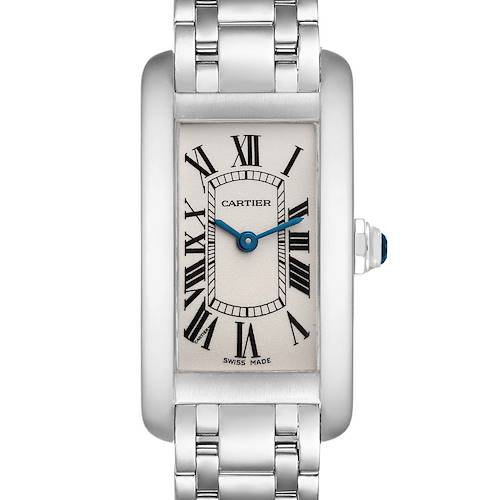 This image shows a close-up, front view of the face and bracelet of a Cartier Tank Americaine W26019L1 Women's White Gold Silver Dial W26019L1 Women's White Gold Silver Dial watch.