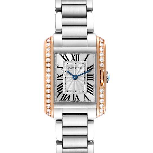 The image shows a front view of a Cartier Tank Anglaise W3TA0002 Women's Steel and Gold (two tone) Silver Dial W3TA0002 Women's Steel and Gold (two tone) Silver Dial watch, highlighting its face, bracelet, and diamond accents.