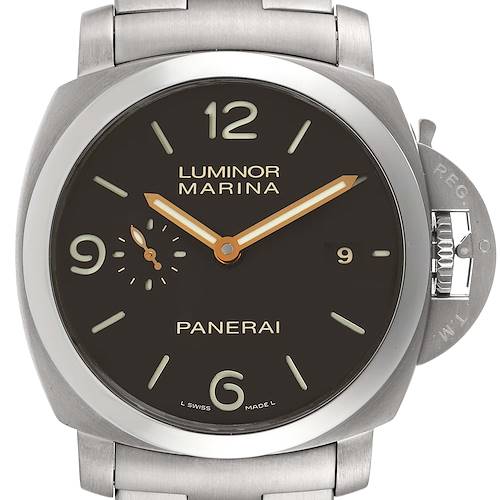 The image shows a front view of the Panerai Luminor PAM00352 Men's Titanium Brown Dial PAM00352 Men's Titanium Brown Dial Marina watch, displaying its dial, hands, and crown guard.