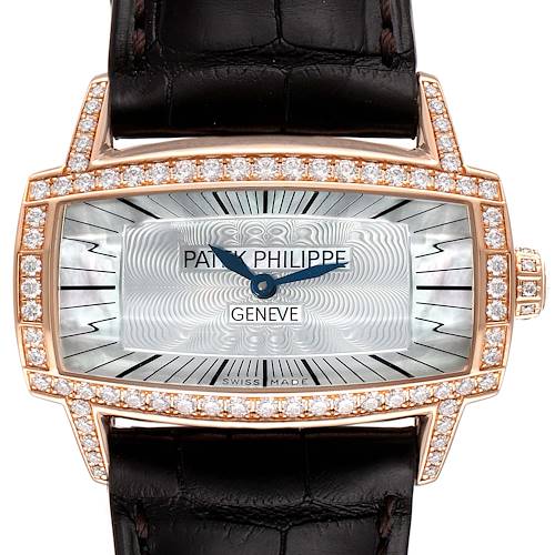The image shows a frontal view of a Patek Philippe Gondolo 4981R Women's Rose Gold Mother of Pearl Dial 4981R Women's Rose Gold Mother of Pearl Dial watch with a diamond-encrusted bezel and black leather strap.