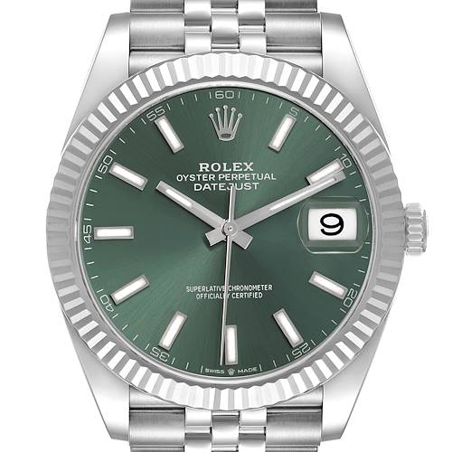 The Rolex Datejust 41 126334 Men's Stainless Steel Green Dial 126334 Men's Stainless Steel Green Dial is shown from a frontal view, highlighting the green dial, fluted bezel, and jubilee bracelet.