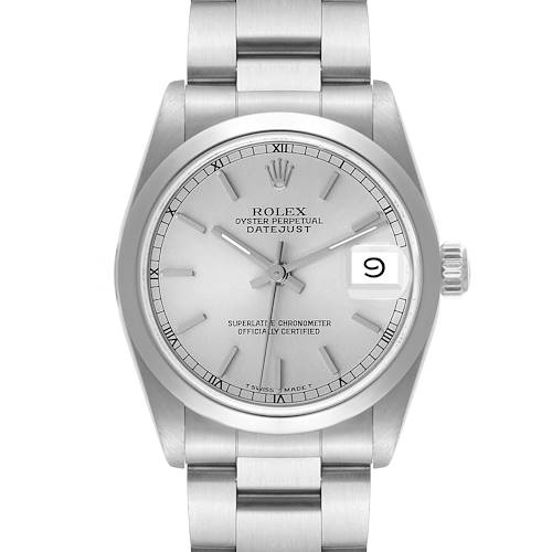 This is a front view of the Rolex Mid-Size 68240 Women's Stainless Steel Silver Dial 68240 Women's Stainless Steel Silver Dial Datejust, showing the dial, hands, bezel, lugs, bracelet, and crown.