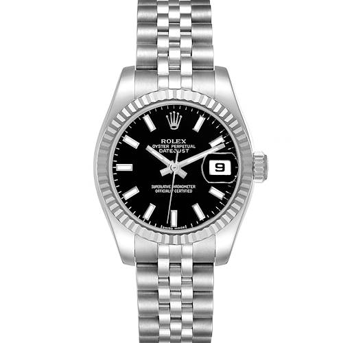 The Rolex Datejust 179174 Women's Stainless Steel Black Dial 179174 Women's Stainless Steel Black Dial watch is shown from a top view, highlighting the bezel, dial, bracelet, and date window.