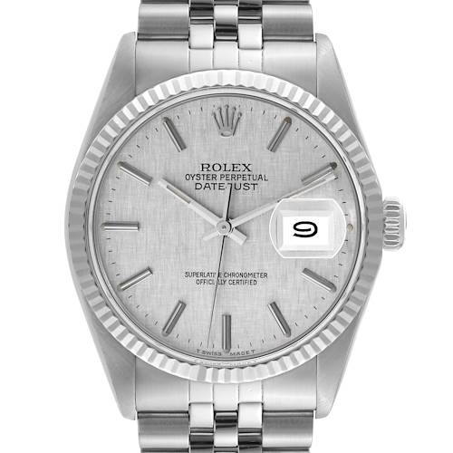 The image shows a front view of the Rolex Vintage Collection 16014 Men's Stainless Steel Silver Dial 16014 Men's Stainless Steel Silver Dial Datejust model, highlighting the dial, bezel, bracelet, and crown.