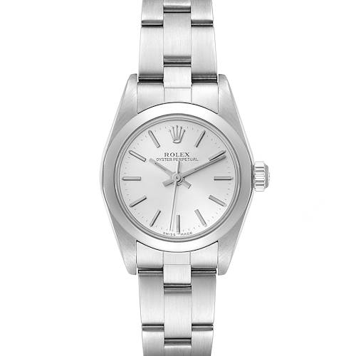 This image shows a front view of a Rolex Oyster Perpetual 76080 Women's Stainless Steel Silver Dial 76080 Women's Stainless Steel Silver Dial watch, displaying the dial, bracelet, and crown.
