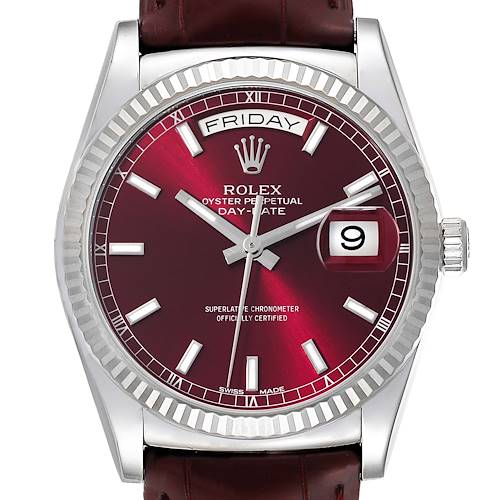 This image shows a front view of a Rolex President 118139 Men's White Gold Red Dial 118139 Men's White Gold Red Dial model watch, showcasing the dial, bezel, day and date indicators, and crown.