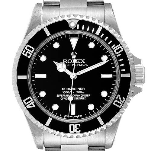 The image shows a straight-on view of a Rolex Submariner 14060M Men's Stainless Steel Black Dial 14060M Men's Stainless Steel Black Dial watch, displaying its dial, bezel, crown, and part of the bracelet.