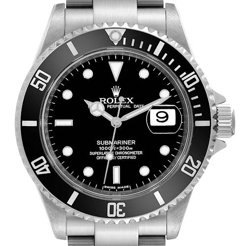 This image shows a face-on view of the Rolex Submariner 16610 Men's Stainless Steel Black Dial 16610 Men's Stainless Steel Black Dial, displaying the dial, bezel, hands, date window, and part of its bracelet.