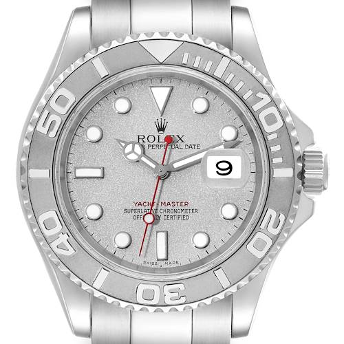The image shows a front view of a Rolex Yacht-Master 16622 Men's Stainless Steel Silver Dial 16622 Men's Stainless Steel Silver Dial watch, displaying its dial, bezel, and part of the bracelet.